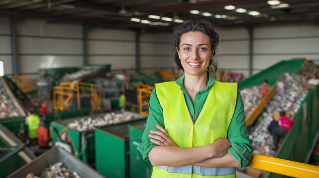 Smiling female worker in recycling plant, promoting sustainability and gender equality. Confident woman in safety vest at waste management facility. Empowerment in industrial profession.