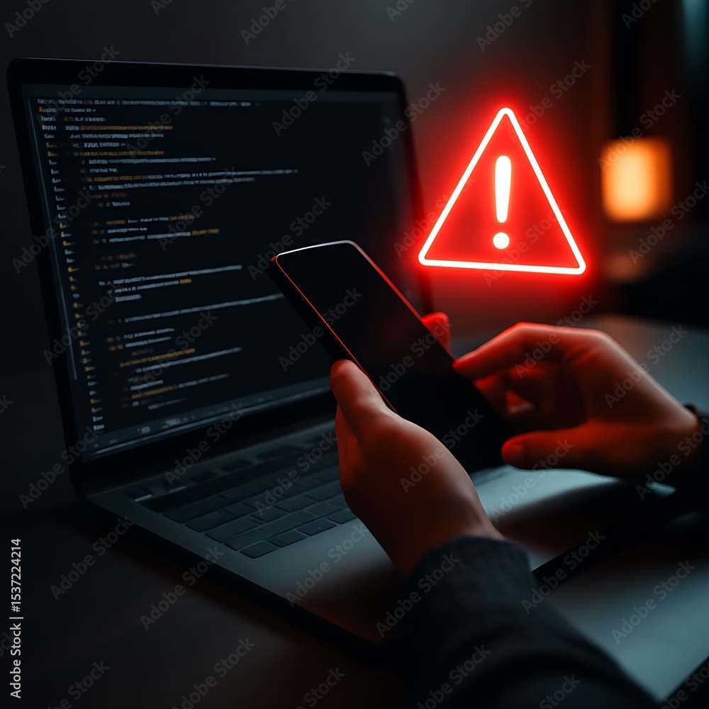 Poster warning about the use of virtual screen technology on smartphones, cyberattacks on networks or malic