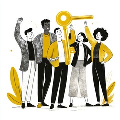 Team of business proper caring golden key as symbol of working together, team achievement and delivery the deal. Business concept illustration 