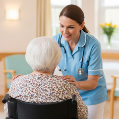 disabled woman in wheelchair. nurse helping senior patient in hospital room. Old woman in wheelchair. care or caregiver talking for healthcare support at nursing home. elder care concept.