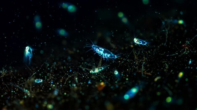 3D animation: Bioluminescent green plankton float in dark water with particles. Microscopic life visualization. Science, biology.