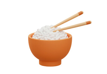 Orange Bowl Full Of White Rice with Wooden Chopsticks on Transparent Background