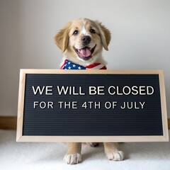Closed for 4th of July Signboard &ndash; Cute Puppy Studio Shot for Pet Care & Patriotic Greetings