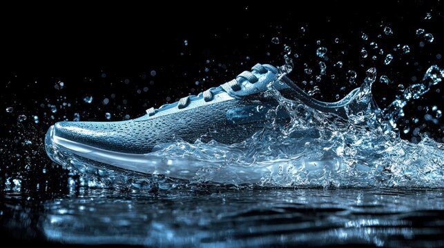 Running shoe splashing in water