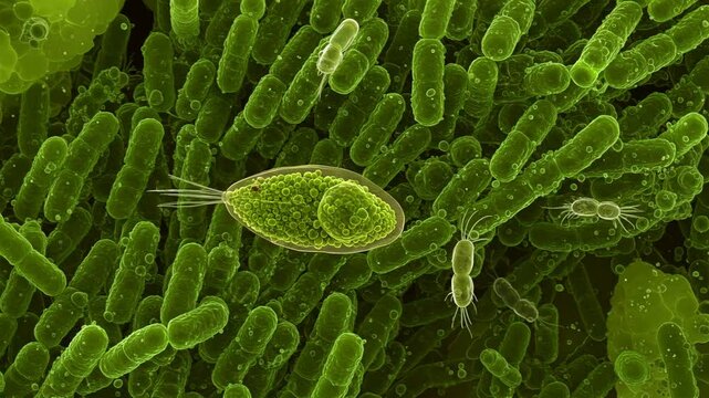 3D animation: Green ciliated protist moves among dense rod bacteria colony , other microbes. Microscopic life visualization. Science, biology.