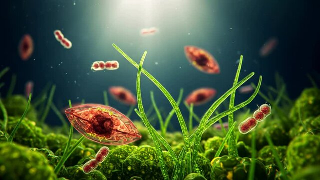 3D animation: Red navicular protists , bacteria float among green aquatic plants. Sunlight from above. Microscopic underwater ecosystem. Science, biology visuals.