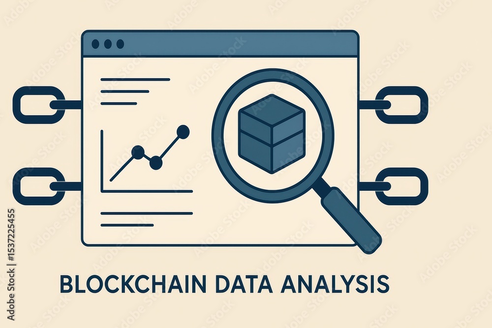 Poster detailed illustration of blockchain data analysis with magnifying glass and analytical graph