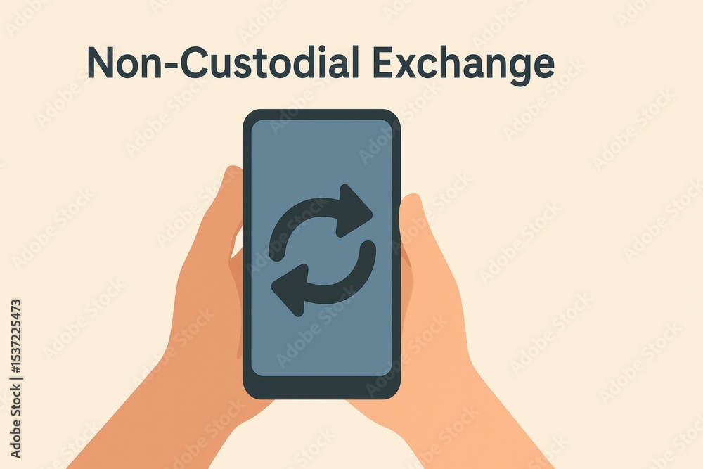 Poster hands holding smartphone showing non-custodial exchange symbol on beige background
