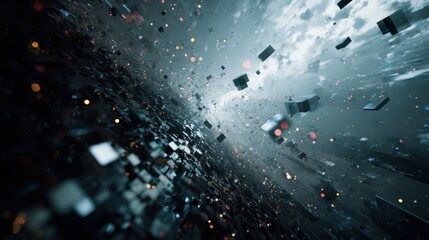 Abstract digital space with floating cubes and glowing particles