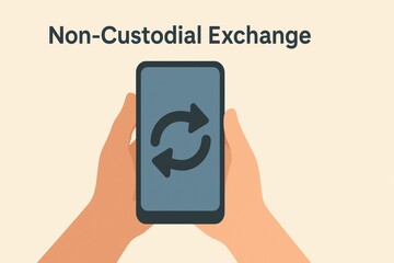 Hands Holding Smartphone Showing Non-Custodial Exchange Symbol on Beige Background
