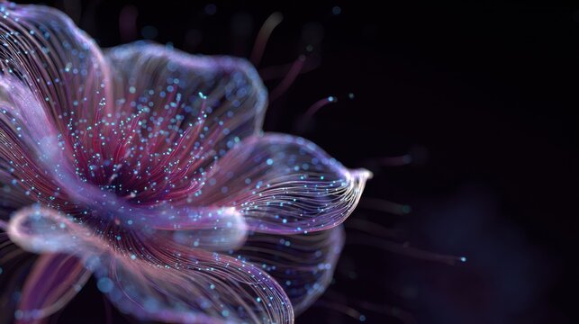 Close-up of a glowing, translucent jellyfish with intricate tentacle patterns against a dark background
