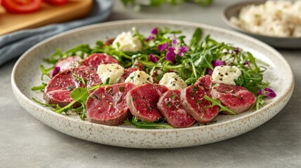 Sliced beef with creamy cheese, greens, and edible flowers