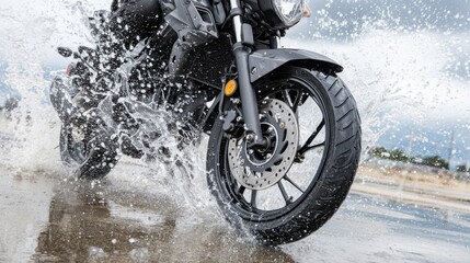 Black motorcycle splashes through a puddle, water spraying from front tire, wet riding conditions.