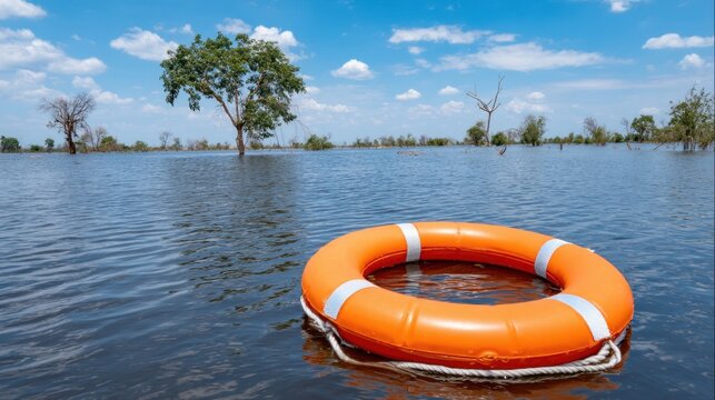 Orange lifebuoy floats on flooded landscape, partially submerged trees, blue sky, a symbol of hope and rescue during natural disasters.