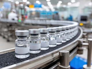 Glass vials on a conveyor belt in a factory, ready for labeling and distribution to market.