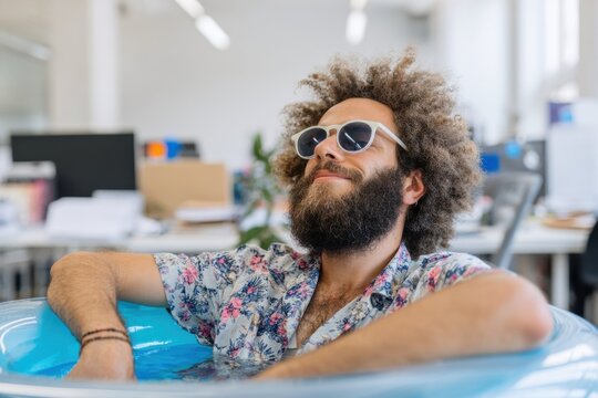 Man with sunglasses relaxing in inflatable pool at work, wearing hawaiian shirt, enjoying summer.