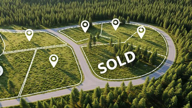 Aerial view of a new housing development shows sold lots outlined in white among lush greenery and winding roads. The location features natural beauty ideal for future homes