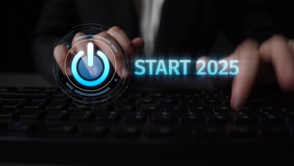 Start 2025 concept with futuristic power button symbolizing fresh beginnings, innovation, and digital transformation. Start 2025, new goals, and start 2025 initiative. Muxer