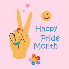 Happy Pride Month card. Hand showing peace gesture. Retro groovy print. Vintage cool vibes hand sign. Hand drawn flat design vector illustration.
