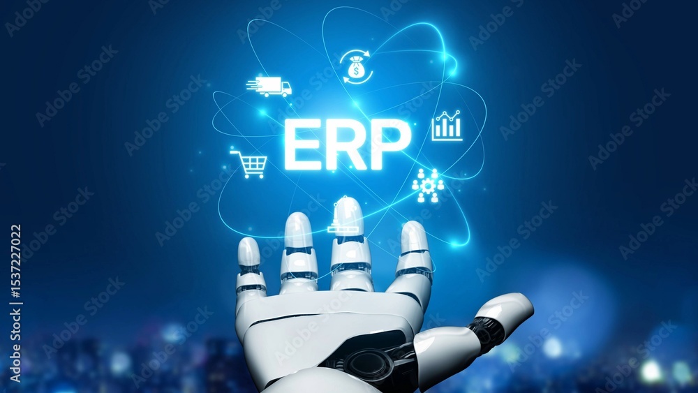 Poster erp platform visual showing centralized system for enterprise resource planning, improving integrati