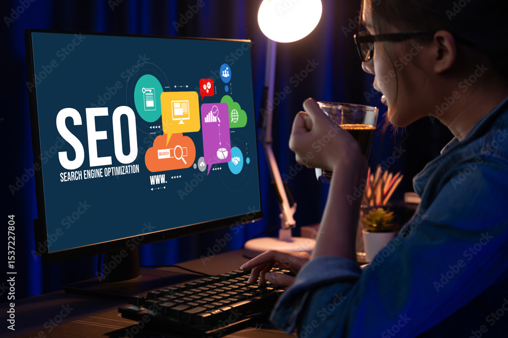 Poster seo search engine optimization for brisk e-commerce and online retail business showing on computer s