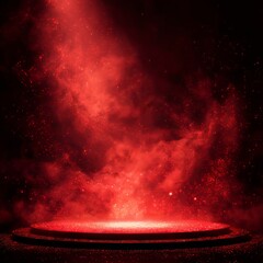 Red background. Stage podium with red smoke, golden spotlight and glitter on dark background. Theatre show and award ceremony concept. Red abstract background