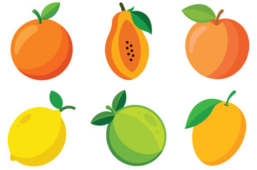 Collection of six colorful flat fruit icons