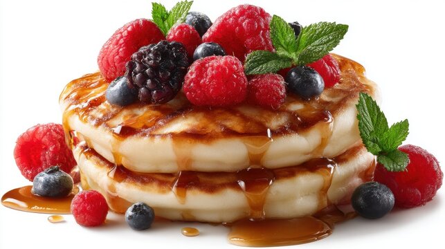 Stack of Pancakes Topped with Fresh Berries and Syrup