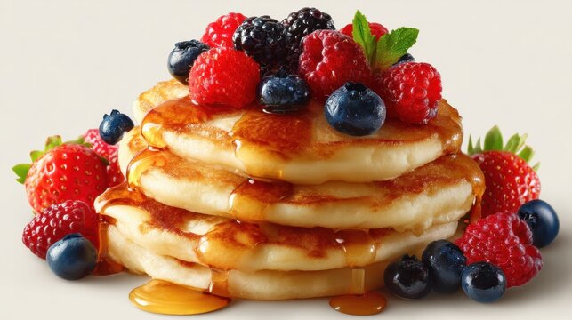 Stack of fluffy pancakes topped with fresh berries and drizzled with syrup