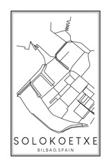 Hand drawn printable downtown road map poster of district SOLOKOETXE of the Spanish city of BILBAO on solid white background with city name