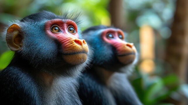 Two monkeys, vibrant blue-gray fur, looking upward, tropical forest backdrop