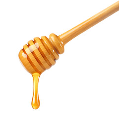Honey dipper dripping sweet golden honey isolated on a white background