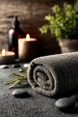 Relaxing spa environment with towel, candles, and soothing decor elements