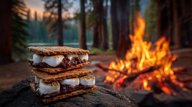 A couple of s'mores are sitting on a rock next to a fire