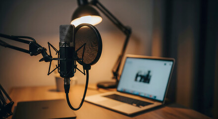 Professional Studio Condenser Microphone Setup with Laptop and Desk Lamp, Ideal for Podcasting and Home Recording