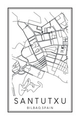 Hand drawn printable downtown road map poster of district SANTUTXU of the Spanish city of BILBAO on solid white background with city name