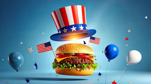 American burger celebrating independence day with balloons and uncle sam's hat.
