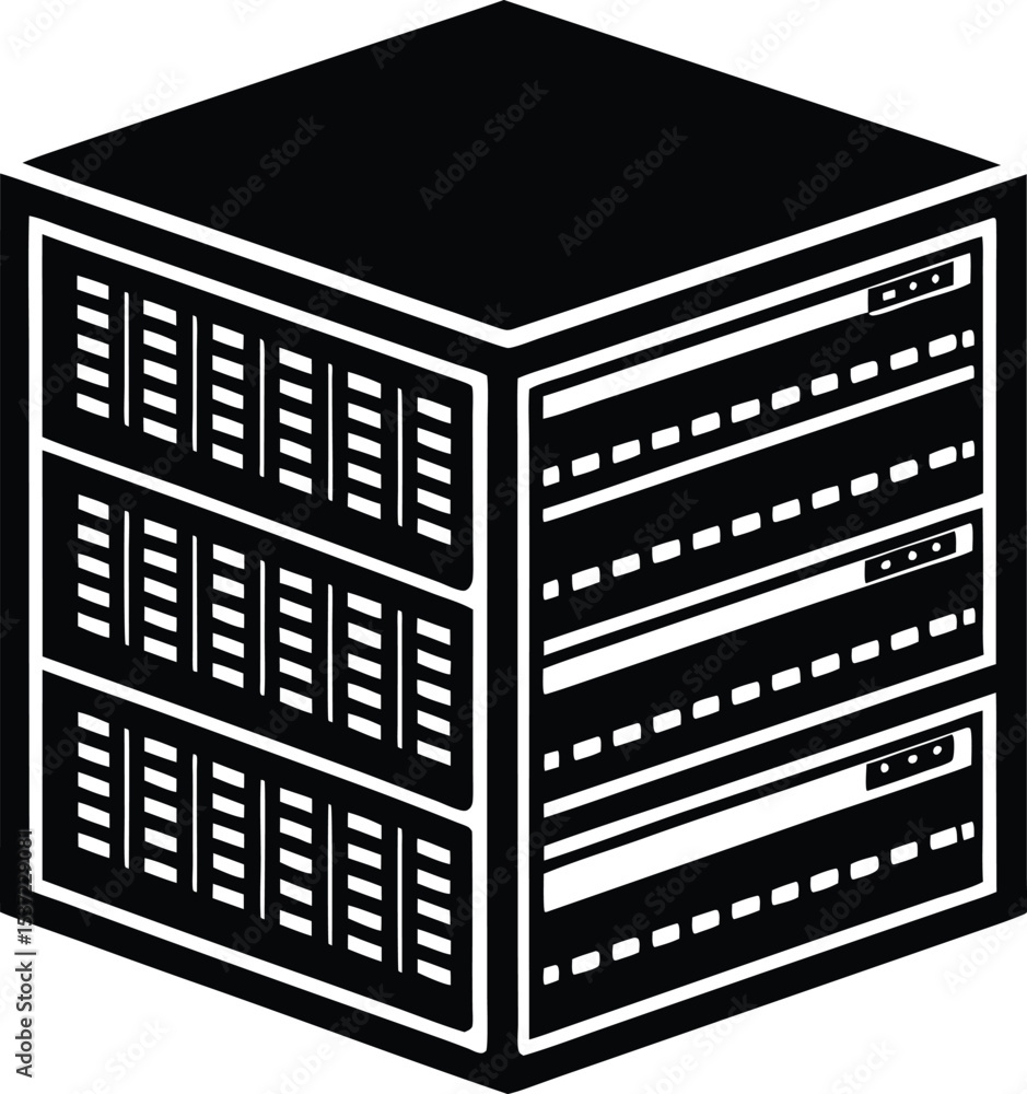 Poster illustration of a network server rack, silhouette emphasizing data storage and processing