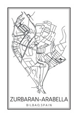Hand drawn printable downtown road map poster of district ZURBARAN-ARABELLA of the Spanish city of BILBAO on solid white background with city name