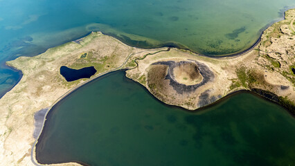 Aerial view of the Myvatn craters showcases the unique volcanic formations surrounded by stunning...