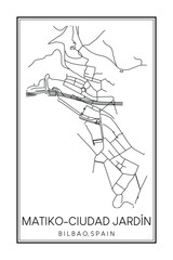 Hand drawn printable downtown road map poster of district MATIKO-CIUDAD JARDÍN of the Spanish city of BILBAO on solid white background with city name