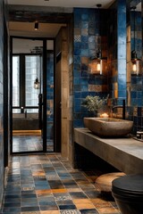 Modern bathroom with blue tiled walls and contemporary vessel sink design