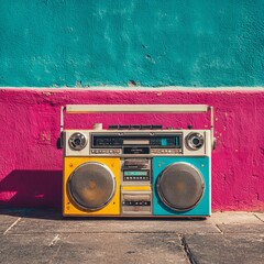 Retro boombox ghetto blaster outdated portable radio receivers with cassette recorder from 80s front gradient colored wall background. Rap, Hip Hop, R&B music concept. Vintage old style filtered photo