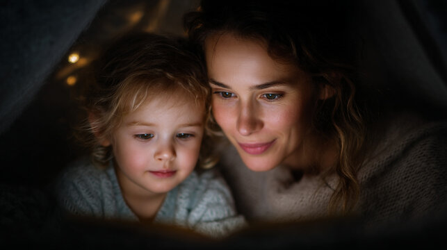 Mother lying on bed in illuminated tent playing with daughter.