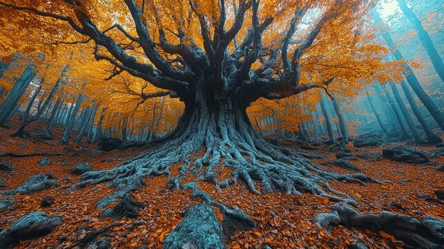 Vast, ancient tree's roots spread wide in autumnal forest - Powered by Adobe