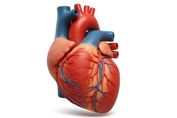 Detailed human heart anatomical model showing intricate arteries, veins, ventricles, displayed against transparent background for precise medical visualization