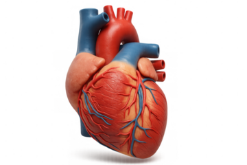 Detailed human heart anatomical model showing intricate arteries, veins, ventricles, displayed against transparent background for precise medical visualization