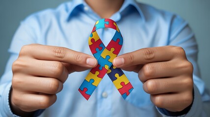 Promoting autism awareness through symbolic ribbon in vibrant puzzle design.