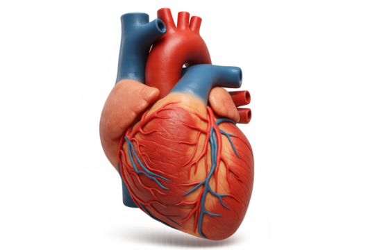 Detailed human heart anatomical model showing intricate arteries, veins, ventricles, displayed against transparent background for precise medical visualization