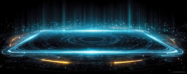 Futuristic digital interface screen with glowing neon elements and light trails